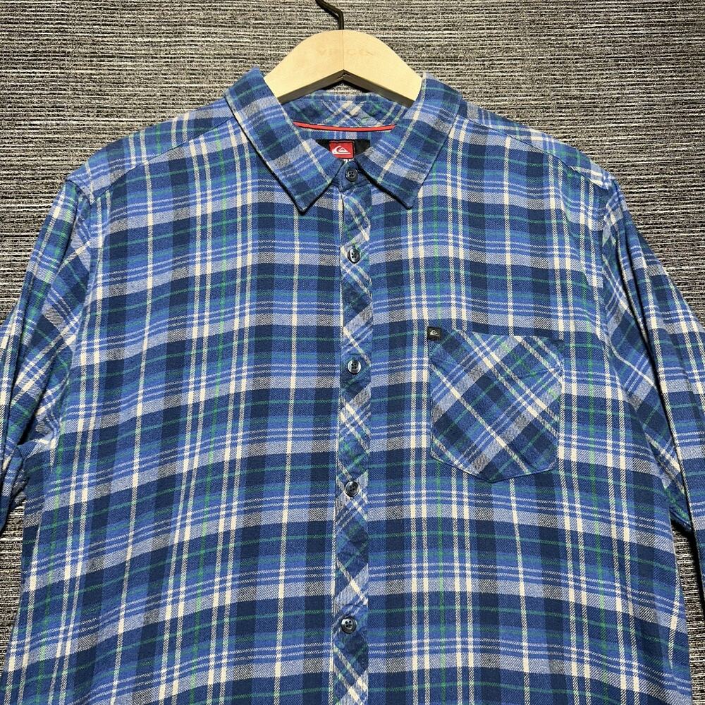 Quiksilver Flannel Shirt Men's Large Tartan Plaid Blue Long Sleeve Button Up